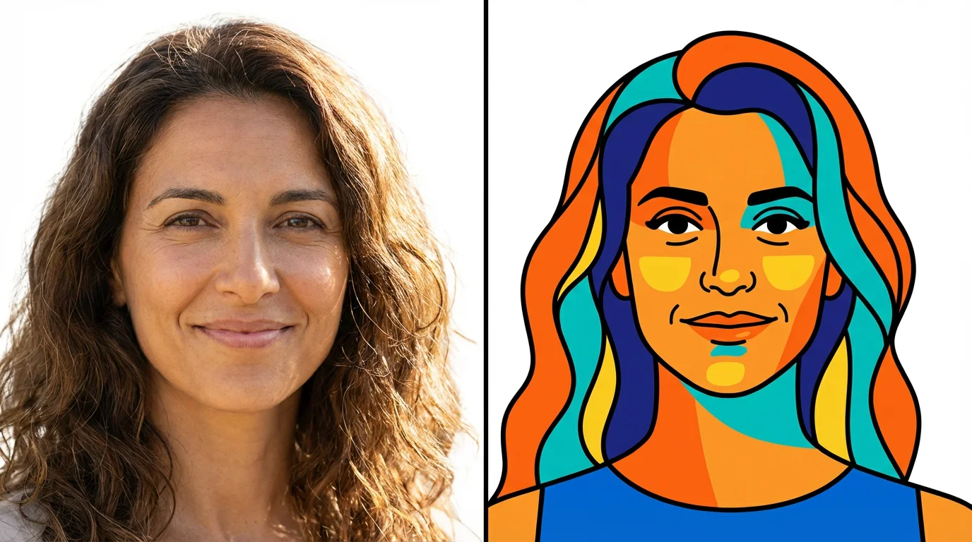 A split image showing the conversion of a photograph to a flat illustration. The left side is a realistic photo of a woman, and the right side is a stylized, colorful flat illustration of the same woman.