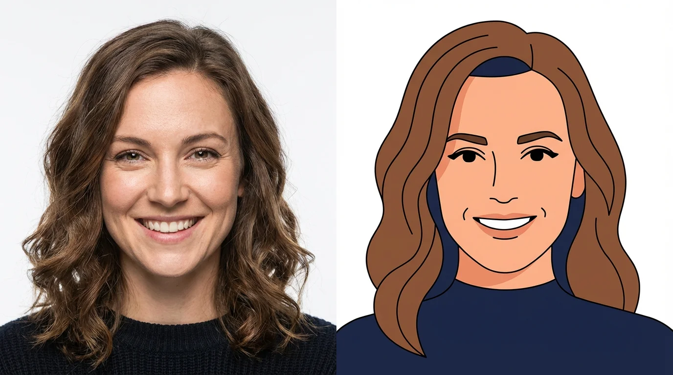 A split-image concept showing a woman's face half as a realistic photograph and the other half as a minimalist flat illustration, demonstrating a photo-to-illustration transformation.