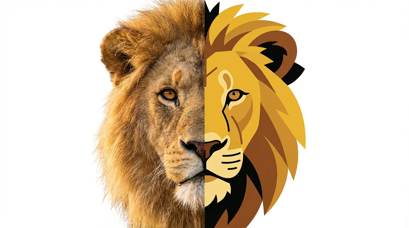 A side-by-side comparison showing the transformation from photo to flat illustration. The left side is a realistic photograph of a lion's head, and the right side is a stylized, flat vector graphic of the same lion.