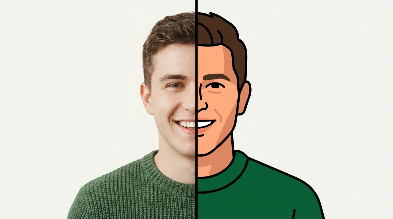 A split-screen image showing the conversion of a photo to an illustration. The left side is a realistic photo of a man, and the right side is a colorful flat illustration of the same man.