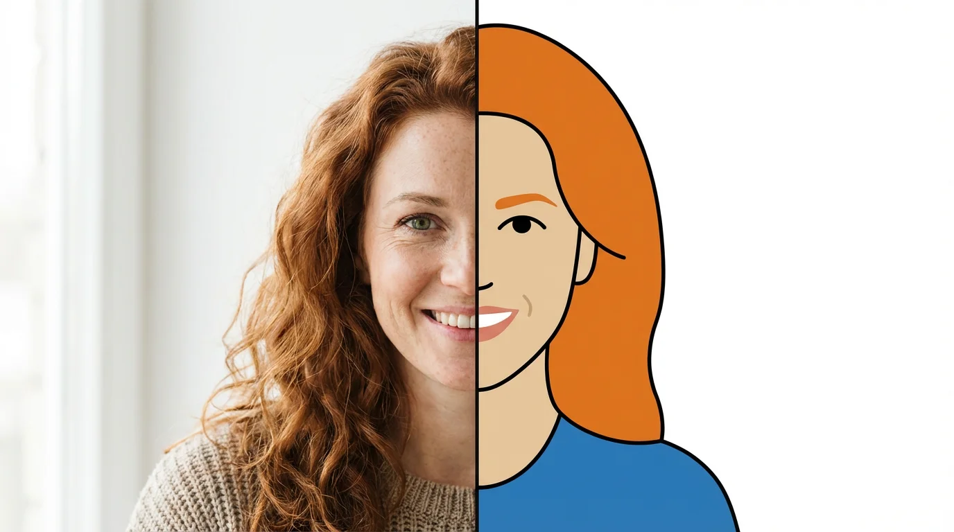 A split-image demonstrating a photo to flat illustration conversion. The left side shows a realistic photograph of a woman, while the right side shows a simplified flat vector illustration of the same woman.