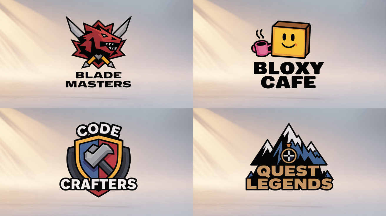 A grid of four professionally designed Roblox group logos, showcasing different themes like fantasy combat, a cafe, game development, and adventure.