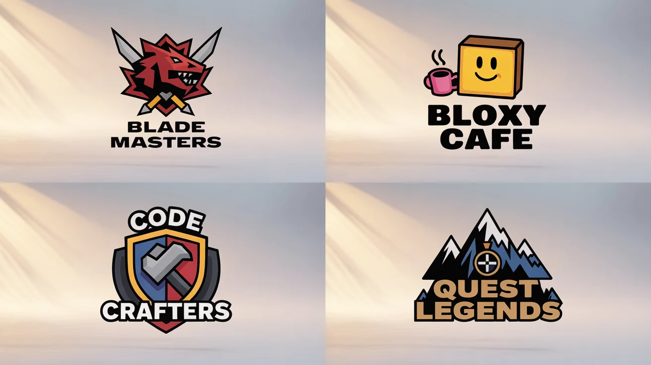 A grid of four professionally designed Roblox group logos, showcasing different themes like fantasy combat, a cafe, game development, and adventure.