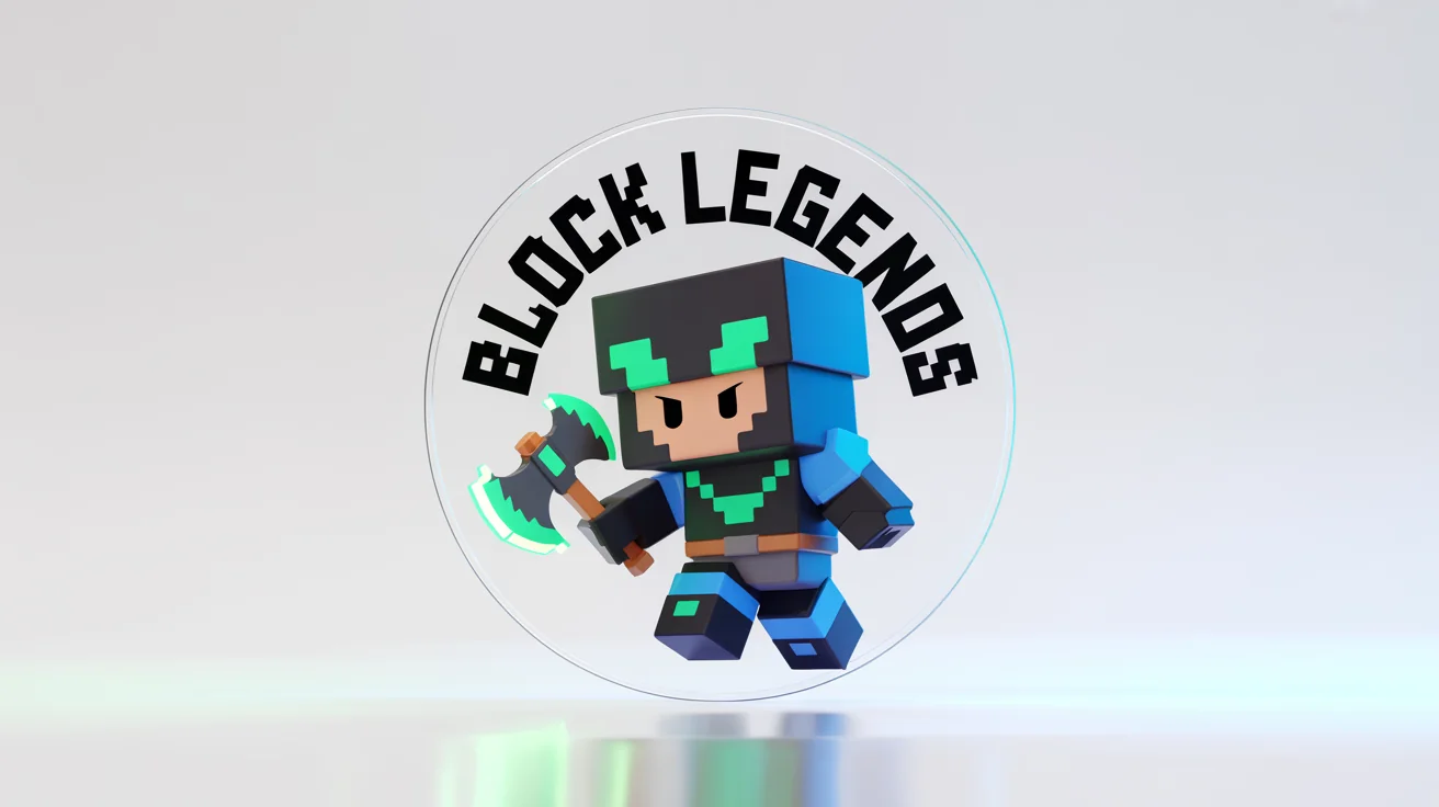 A 3D rendered logo for a Roblox group named 'Block Legends,' featuring a blocky, armored character with a pixel axe inside a circular emblem, set against a white background.