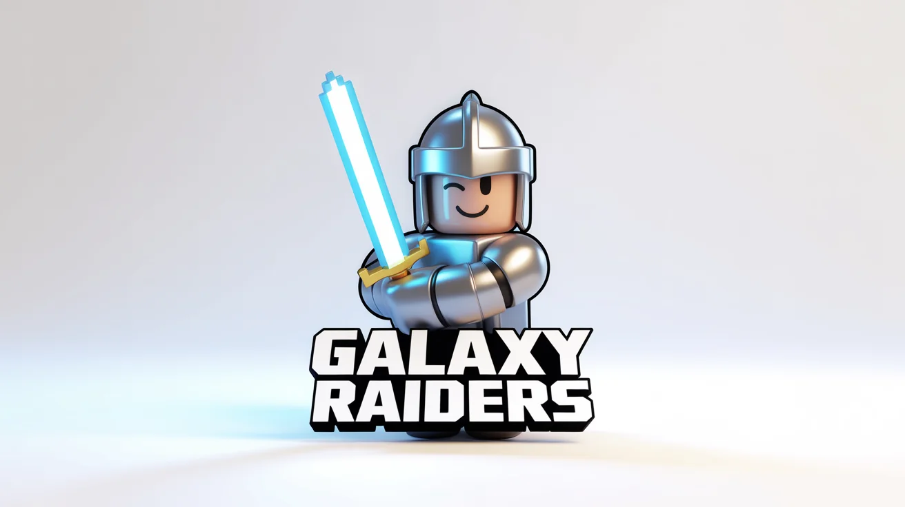 A 3D logo for a Roblox group called 'Galaxy Raiders', featuring a blocky knight character holding a glowing sword on a white background.