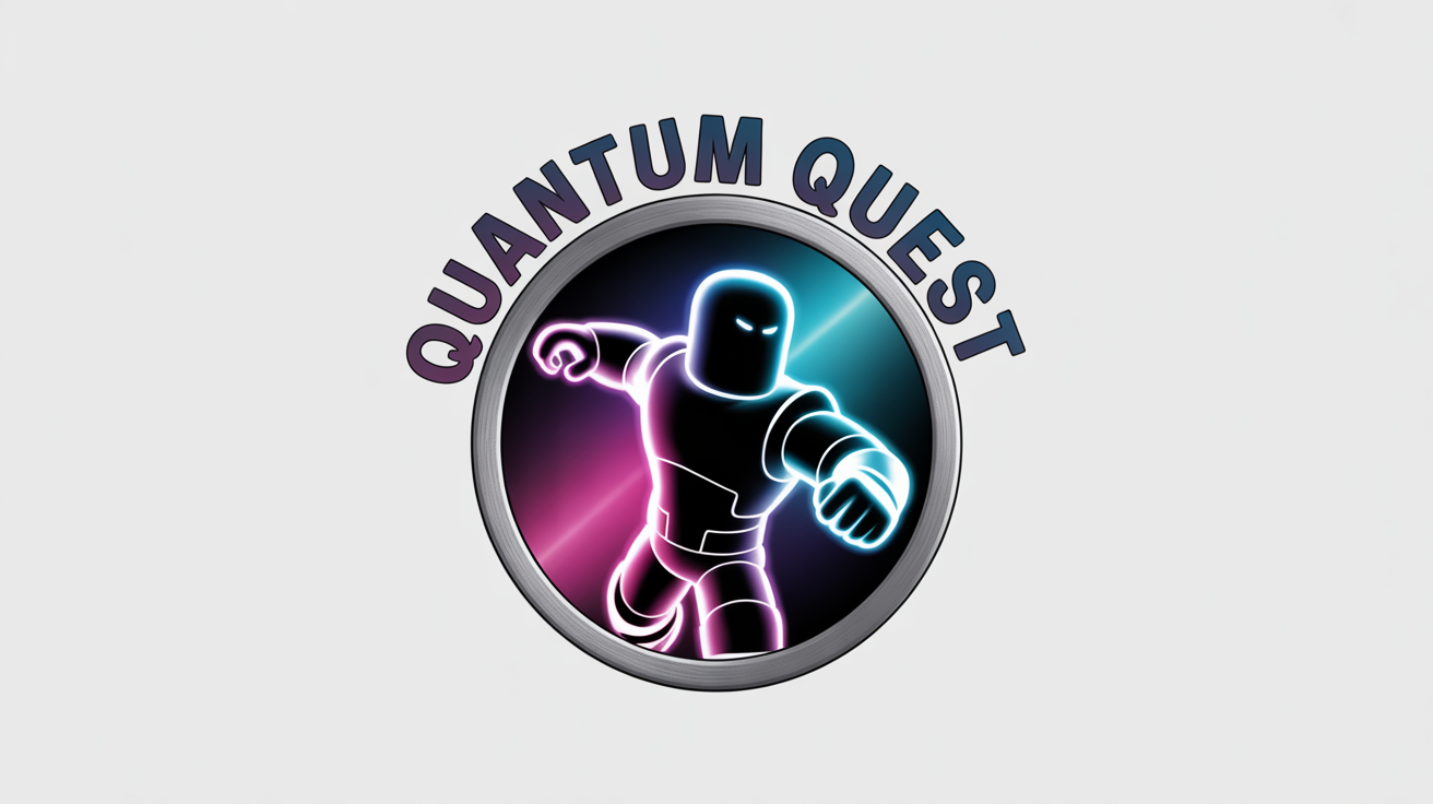 A circular logo for a Roblox group named 'Quantum Quest'. It features a blocky character in futuristic armor at the center, surrounded by a metallic ring with the group's name on it. The background is white.