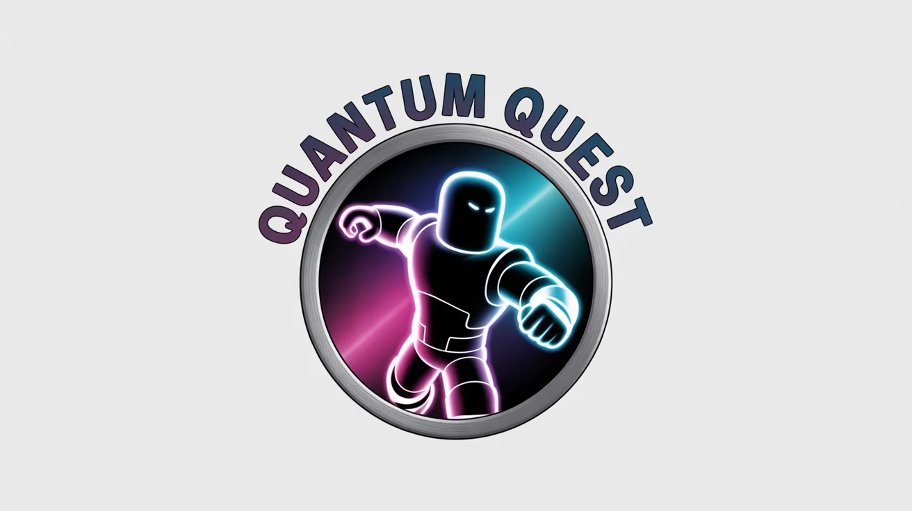 A circular logo for a Roblox group named 'Quantum Quest'. It features a blocky character in futuristic armor at the center, surrounded by a metallic ring with the group's name on it. The background is white.