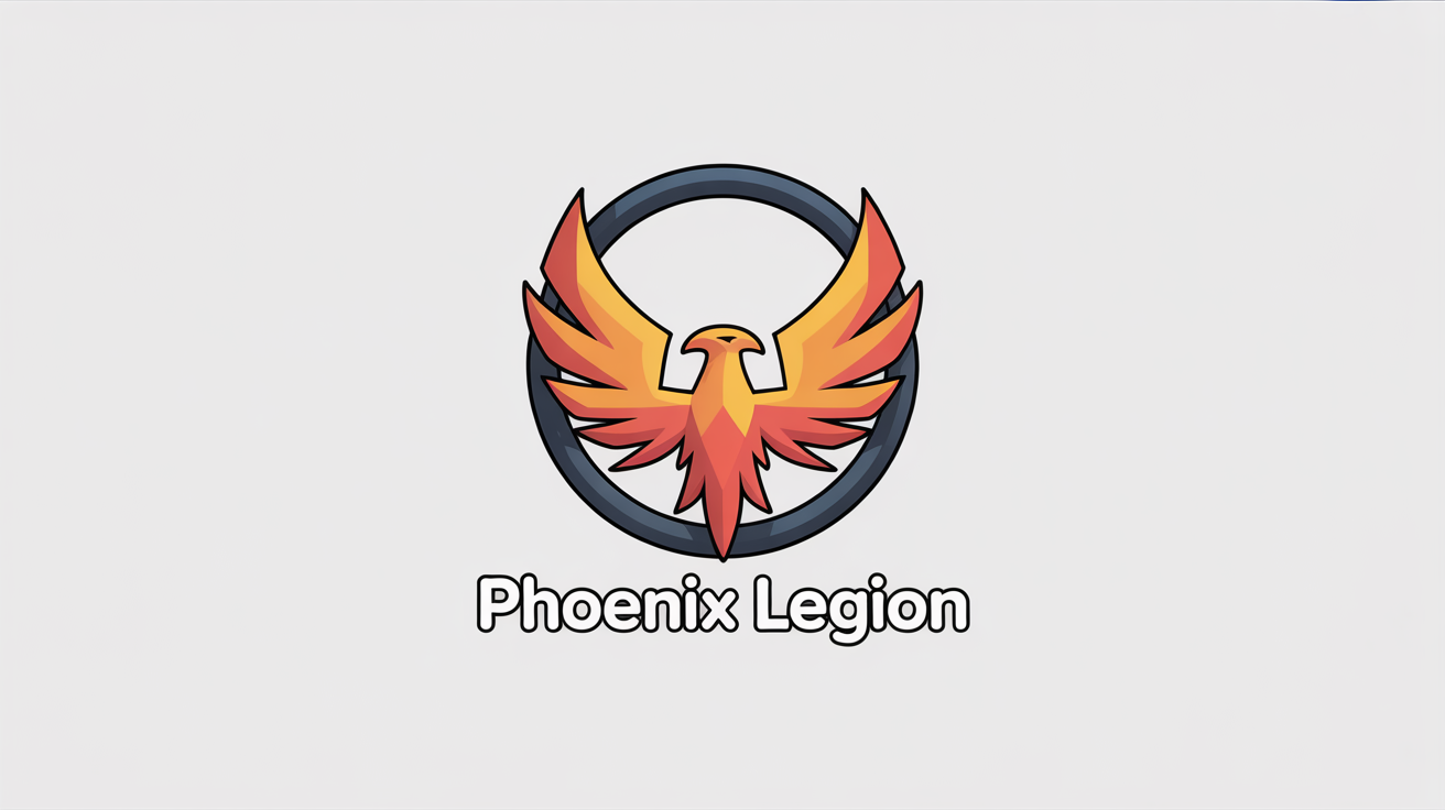 A 3D rendered logo for a Roblox group called 'Phoenix Legion,' featuring a blocky, cartoon phoenix in fiery colors, set against a clean white background.