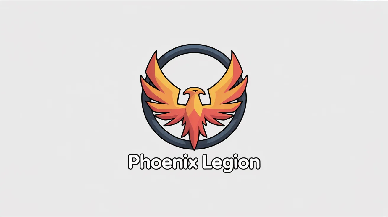 A 3D rendered logo for a Roblox group called 'Phoenix Legion,' featuring a blocky, cartoon phoenix in fiery colors, set against a clean white background.