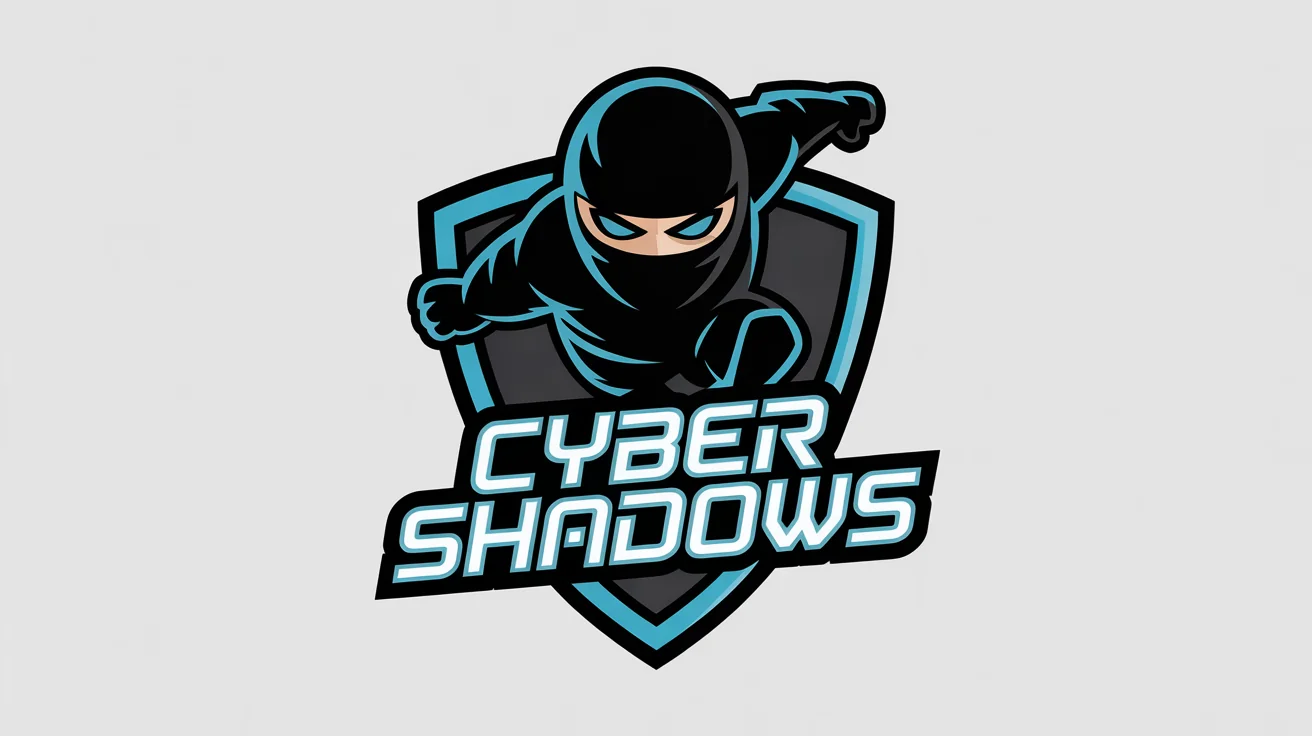 A modern Roblox group logo for 'Cyber Shadows', featuring a stylized cartoon ninja with glowing eyes inside a shield emblem, set against a white background.