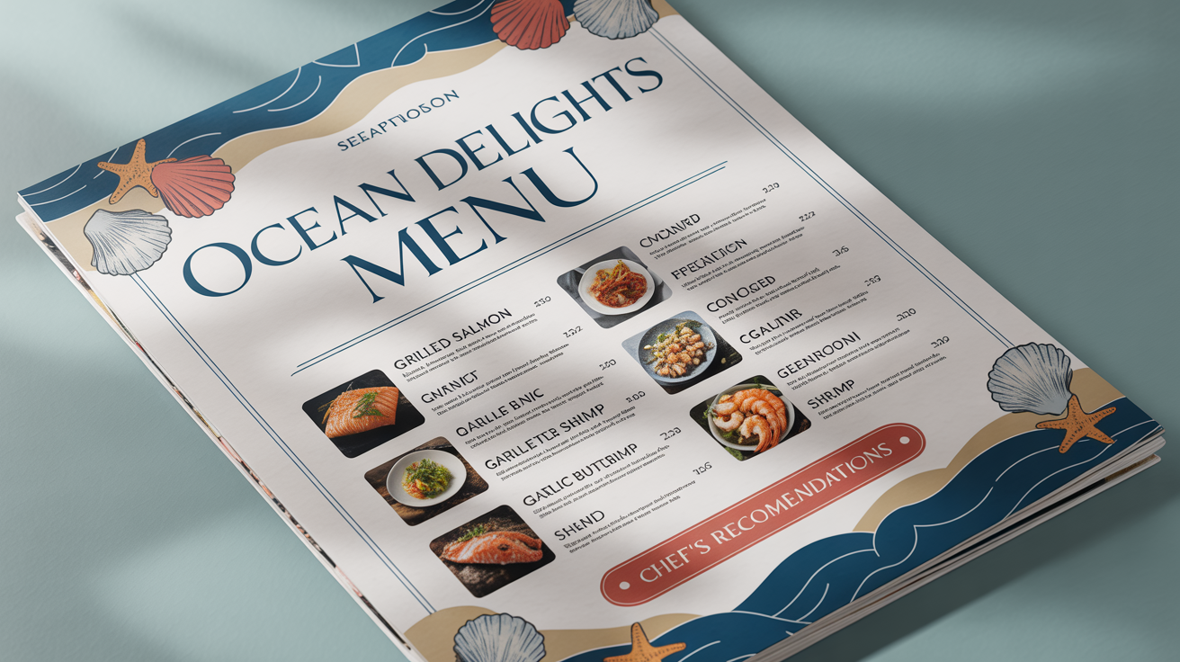 A polished and professionally designed seafood menu for 'Ocean Delights', featuring a coastal theme with blue and beige colors, dish photos, and elegant typography.