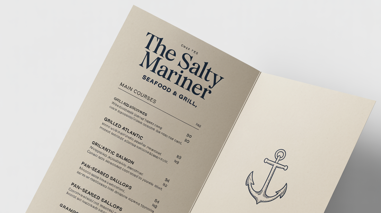 An elegantly designed seafood menu for 'The Salty Mariner' restaurant, shown open against a white background.