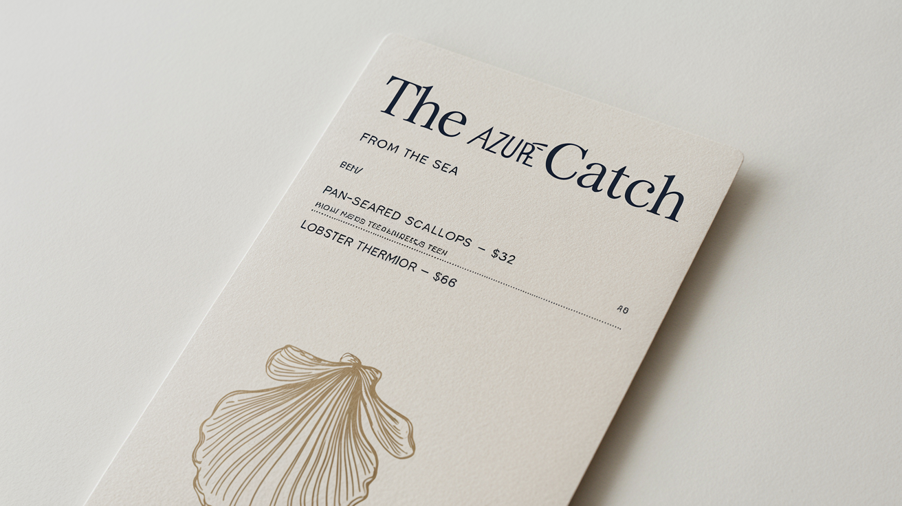 A mockup of a high-end seafood menu for a restaurant called 'The Azure Catch', featuring elegant typography on textured paper, set against a plain white background.