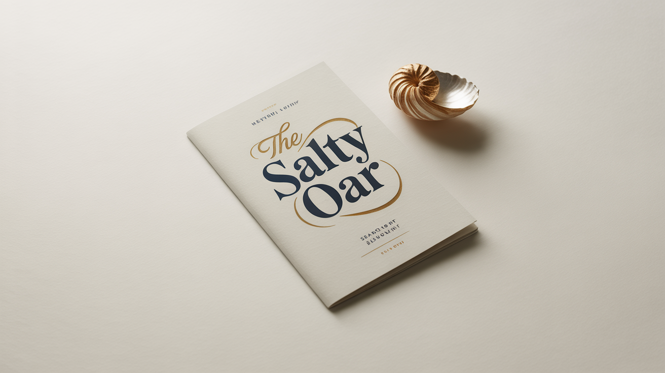 A mockup of a high-end seafood menu for a restaurant named 'The Salty Oar', featuring navy and gold text on off-white paper, set against a plain white background.