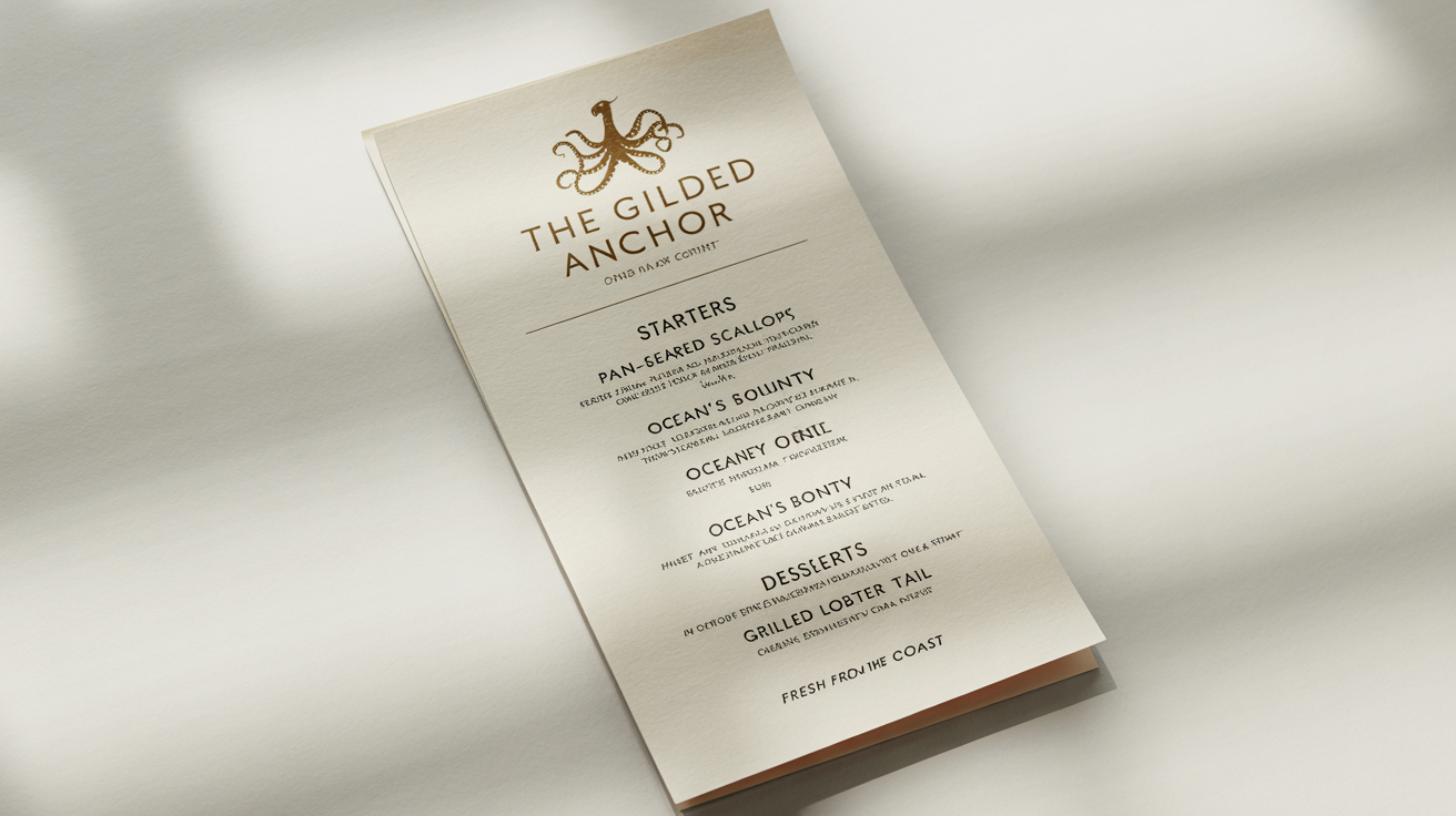 A mockup of an elegant seafood menu for 'The Gilded Anchor' restaurant, featuring a gold foil octopus logo and stylish typography, displayed on a clean white surface.