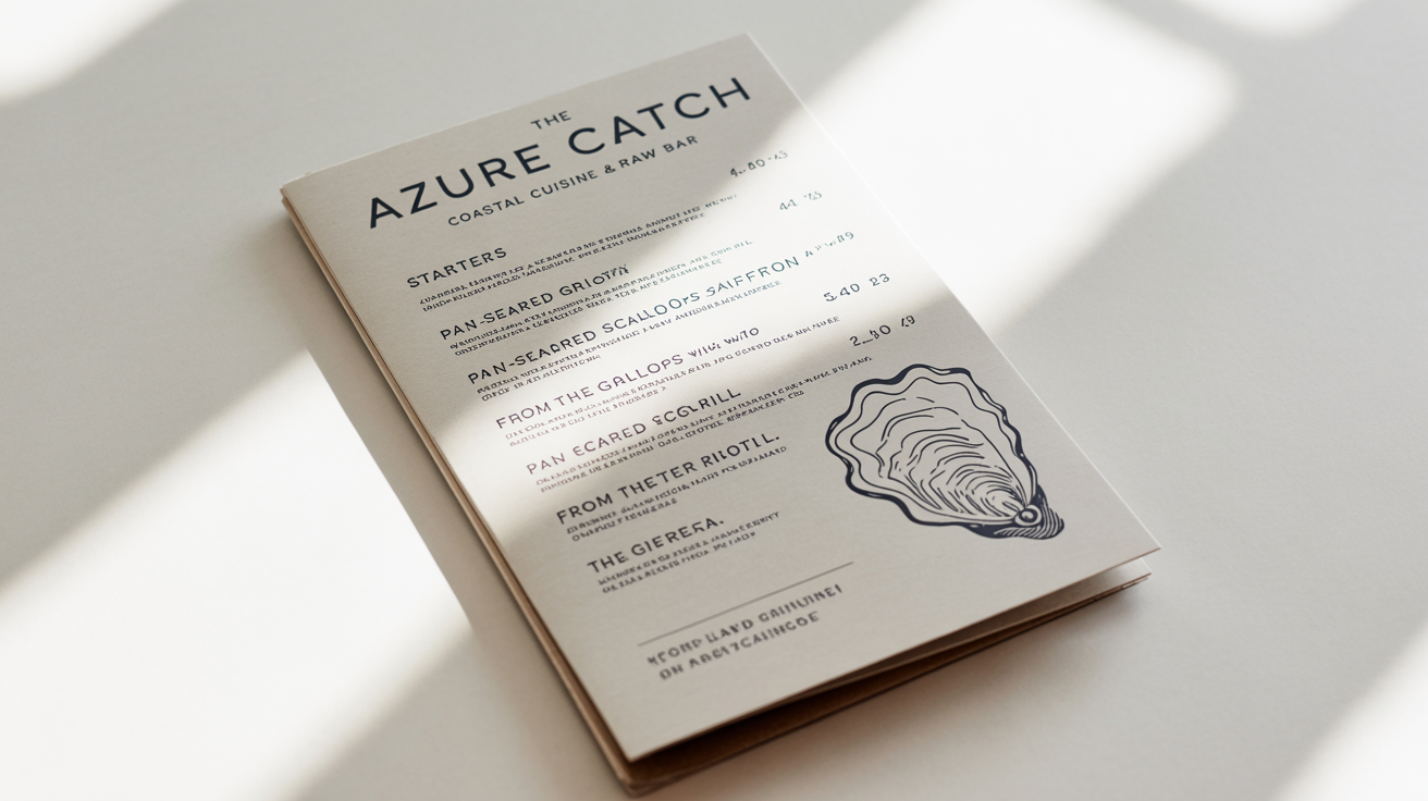 A professionally designed mockup of a seafood restaurant menu for 'The Azure Catch', featuring elegant typography and a minimalist oyster shell illustration, set against a plain white background.