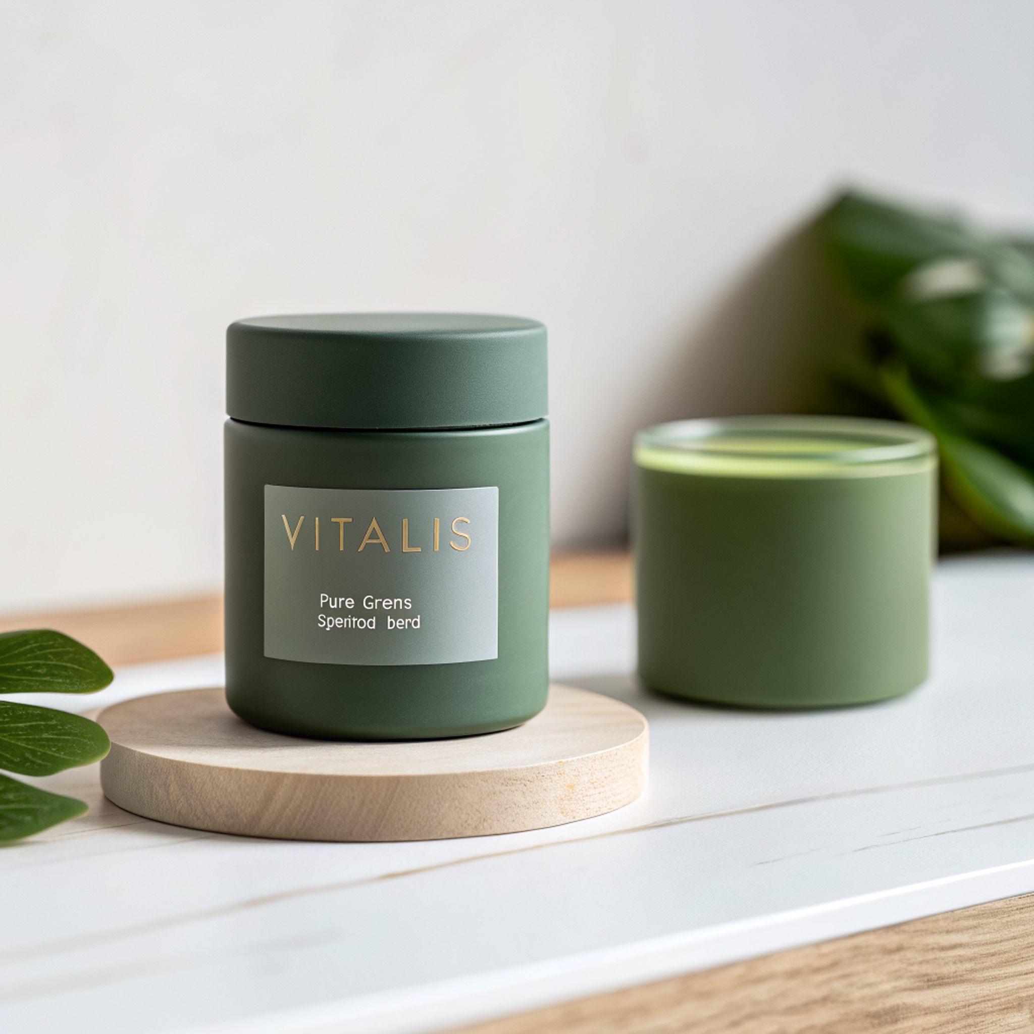 A professional hero image showcasing a final dietary supplement packaging design, with sleek matte green bottles and boxes labeled 'VITALIS Pure Greens' arranged on a white marble surface with fresh leaves.