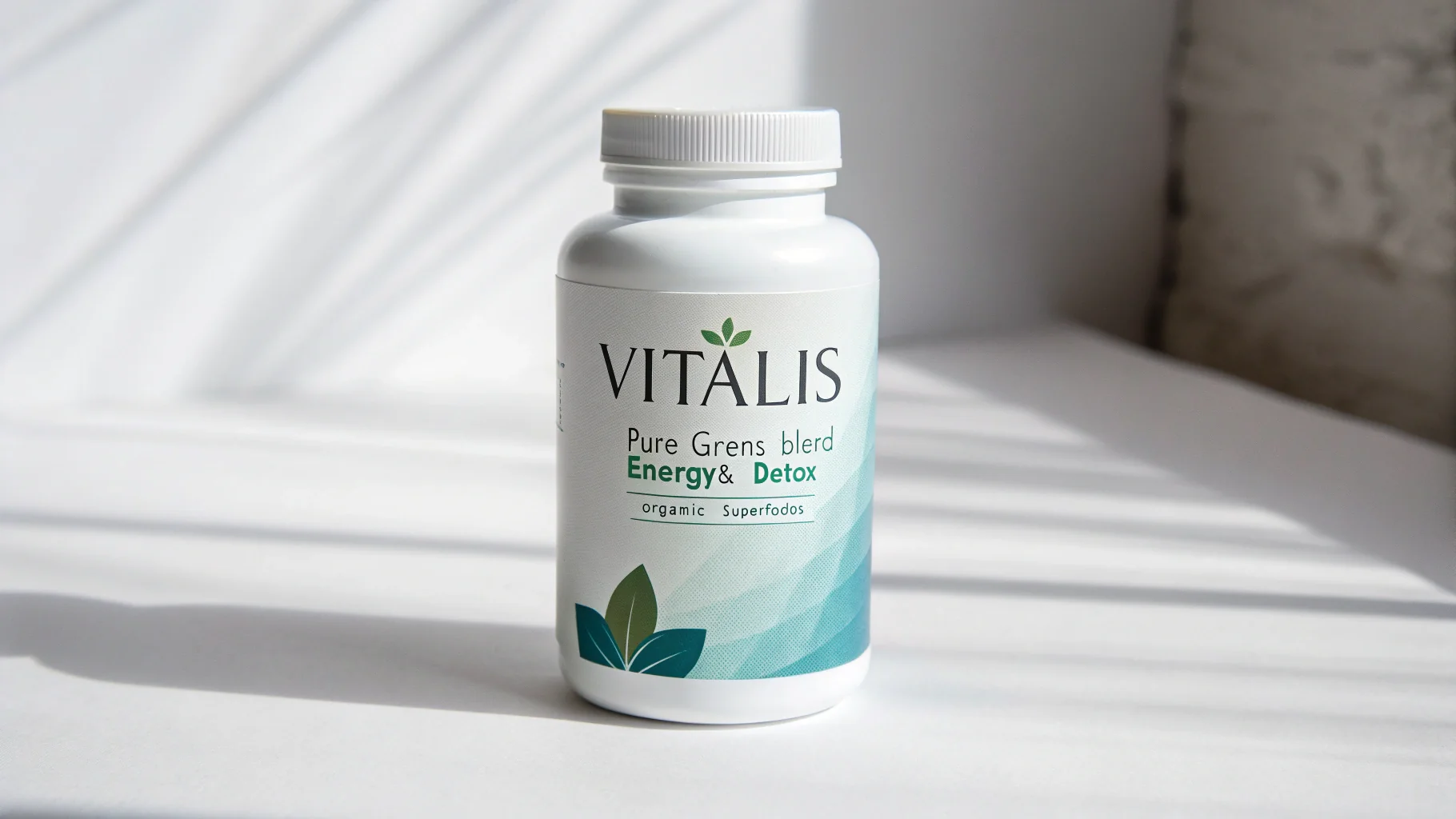 A professional product mockup of a white dietary supplement bottle labeled 'VITALIS Pure Greens Blend' set against a clean white background.