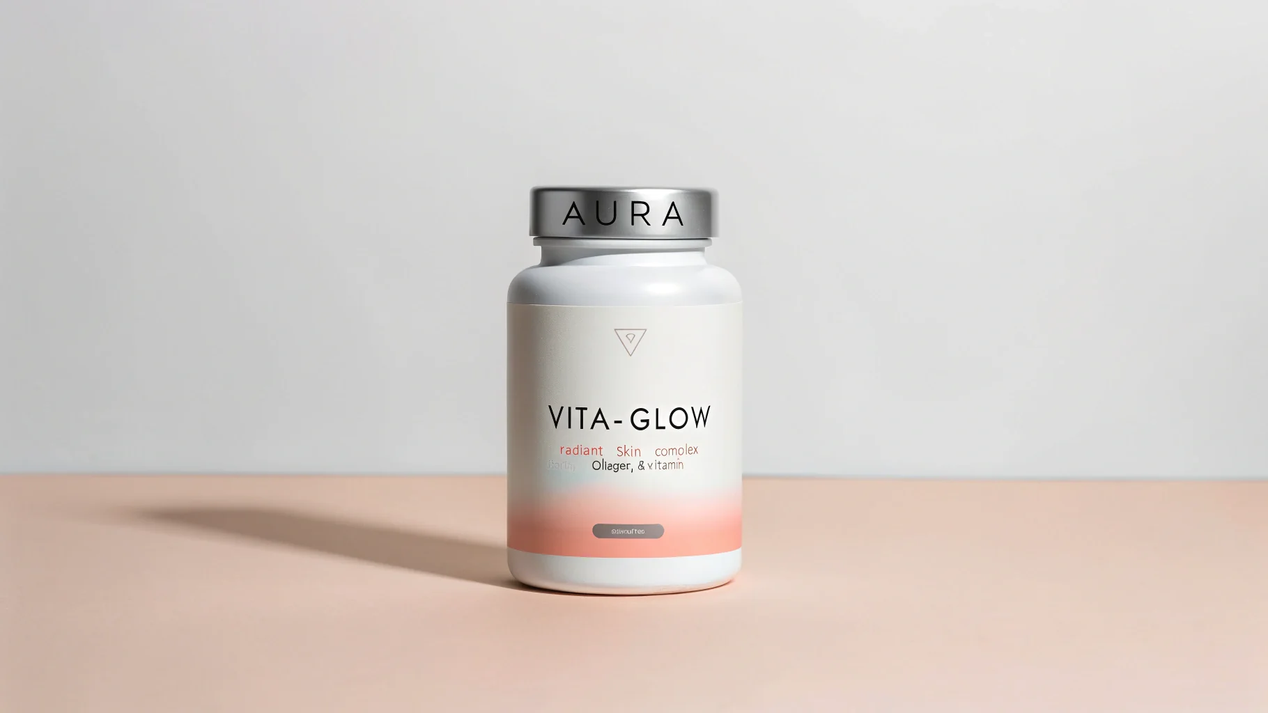 A product mockup of a sleek, white dietary supplement bottle for 'AURA' brand's 'VITA-GLOW' radiant skin complex, featuring a modern label design on a clean white background.