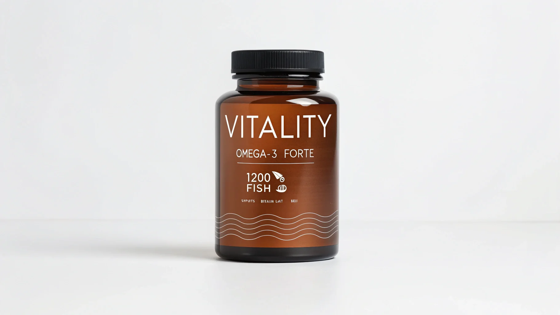A photorealistic mockup of a frosted amber glass bottle of 'VITALITY' brand 'Omega-3 Forte' dietary supplements, featuring a modern, minimalist label against a clean white background.