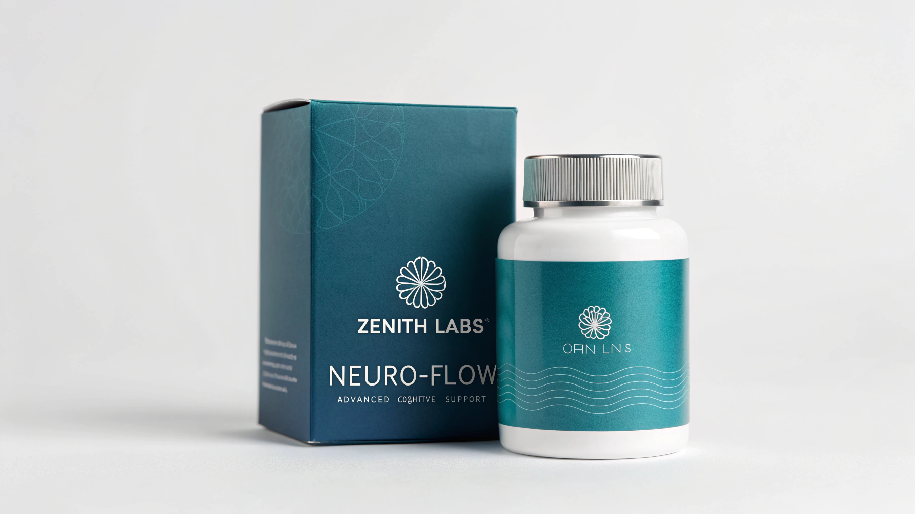 A photorealistic mockup of a modern dietary supplement bottle and box from 'Zenith Labs', named 'Neuro-Flow', featuring a clean blue and teal design on a white background.