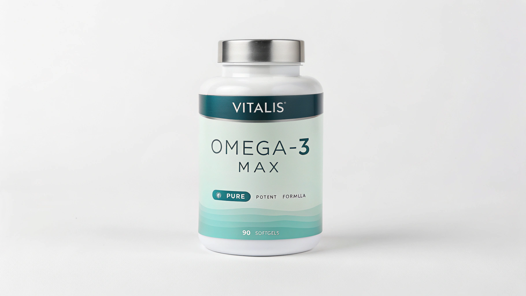 A photorealistic mockup of a modern white supplement bottle for 'VITALIS' brand 'OMEGA-3 MAX', featuring a blue and green label against a white background.