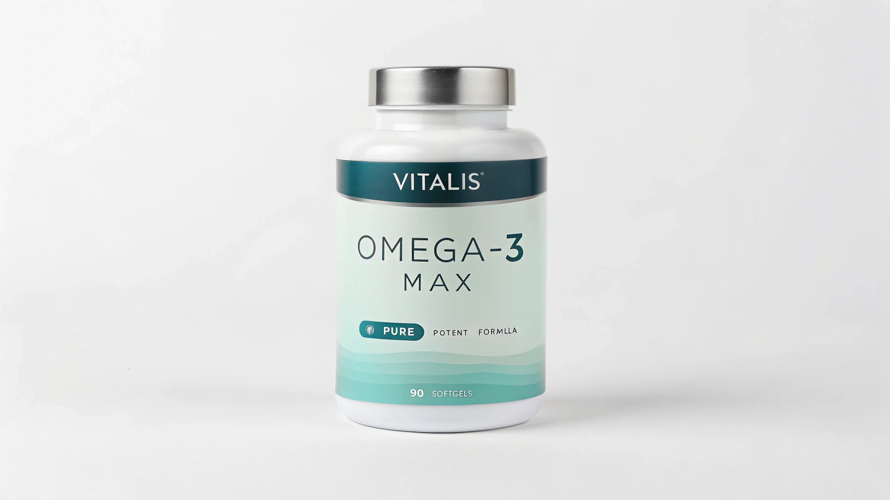 A photorealistic mockup of a modern white supplement bottle for 'VITALIS' brand 'OMEGA-3 MAX', featuring a blue and green label against a white background.