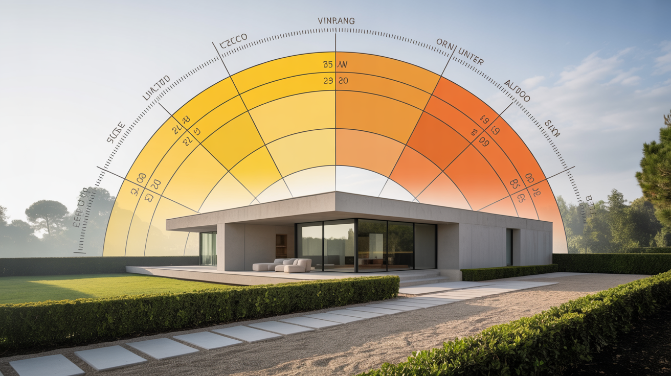 A final sun angle diagram overlaid on a photorealistic image of a modern house, used for architectural and solar planning.