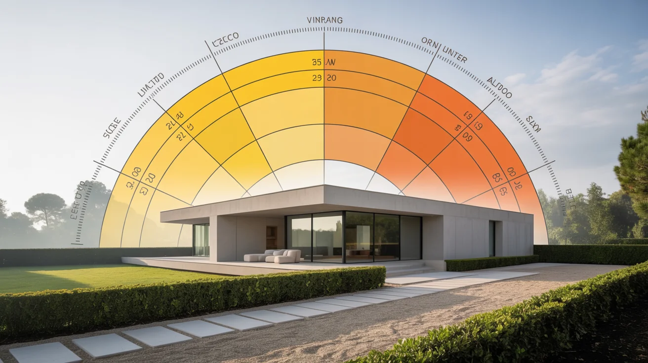 A final sun angle diagram overlaid on a photorealistic image of a modern house, used for architectural and solar planning.