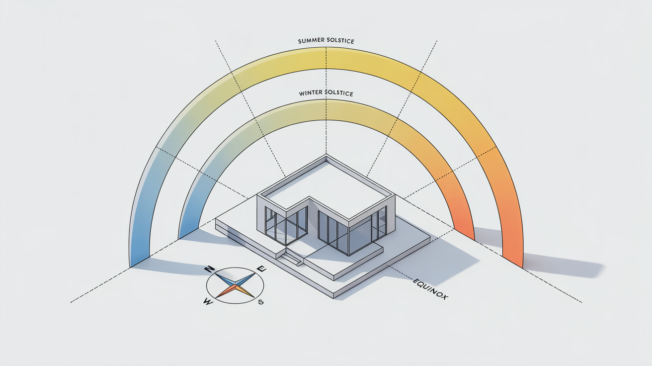 A technical architectural diagram showing the sun's path across the sky during different seasons. The high summer solstice arc, low winter solstice arc, and mid-level equinox arc are shown in relation to a modern house, illustrating solar angles.