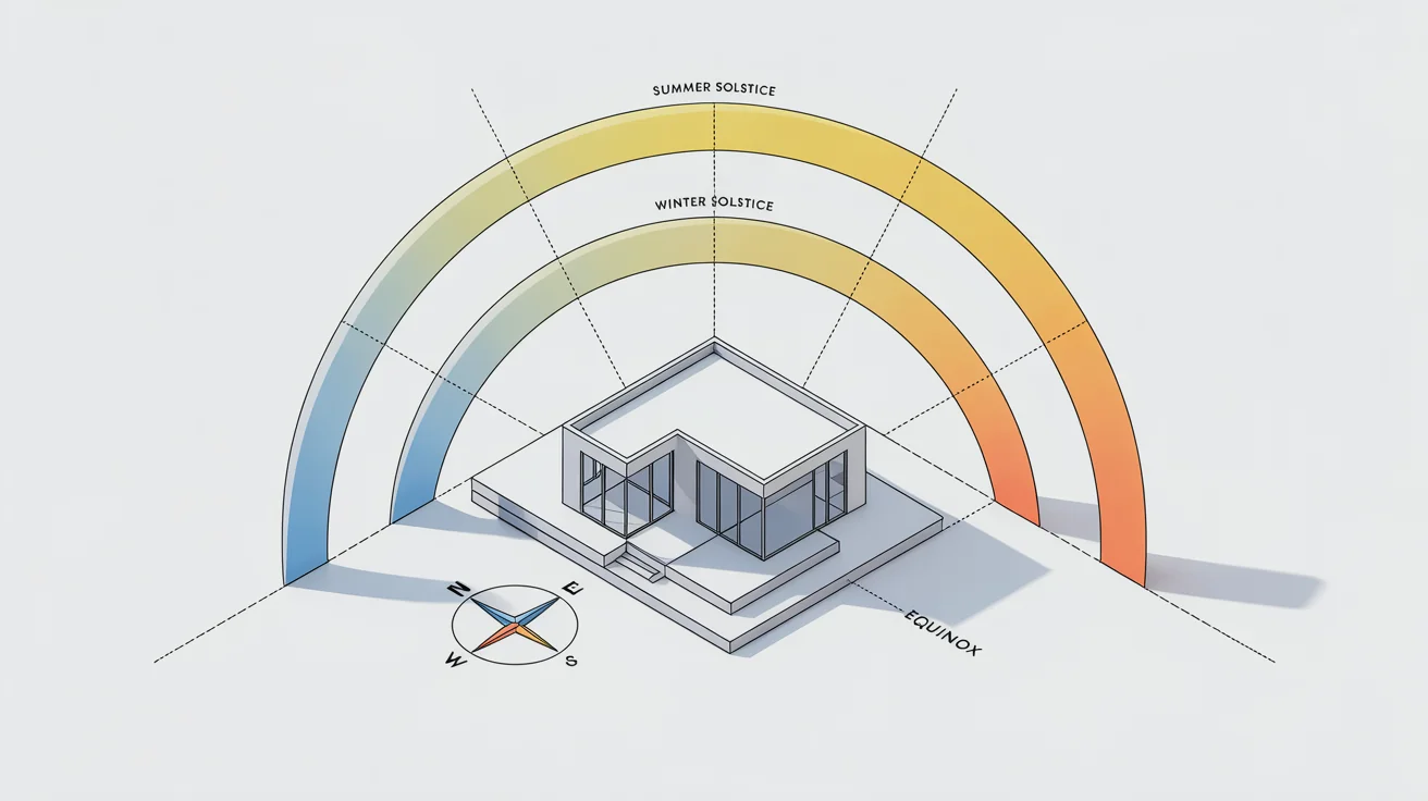 A technical architectural diagram showing the sun's path across the sky during different seasons. The high summer solstice arc, low winter solstice arc, and mid-level equinox arc are shown in relation to a modern house, illustrating solar angles.
