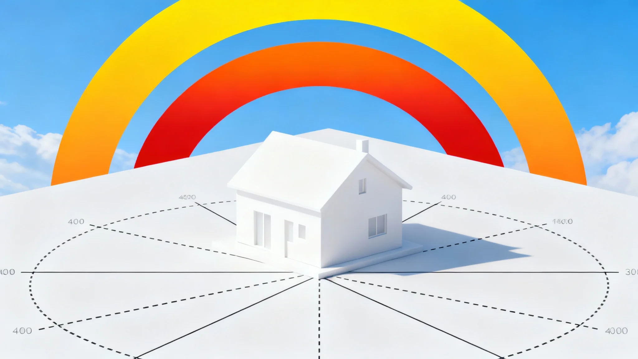 A 3D schematic diagram showing the path of the sun over a modern house during different seasons. Colorful arcs represent the sun's trajectory in summer, winter, and the equinox, illustrating sun angles for architectural purposes.