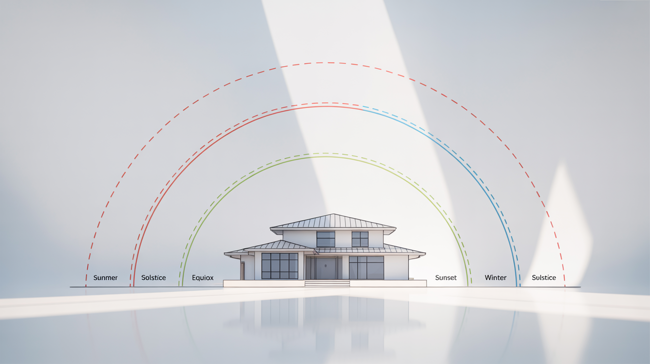 A clear, modern diagram showing the sun's path over a house during different seasons. Arcs indicate the high path for the summer solstice and the low path for the winter solstice.