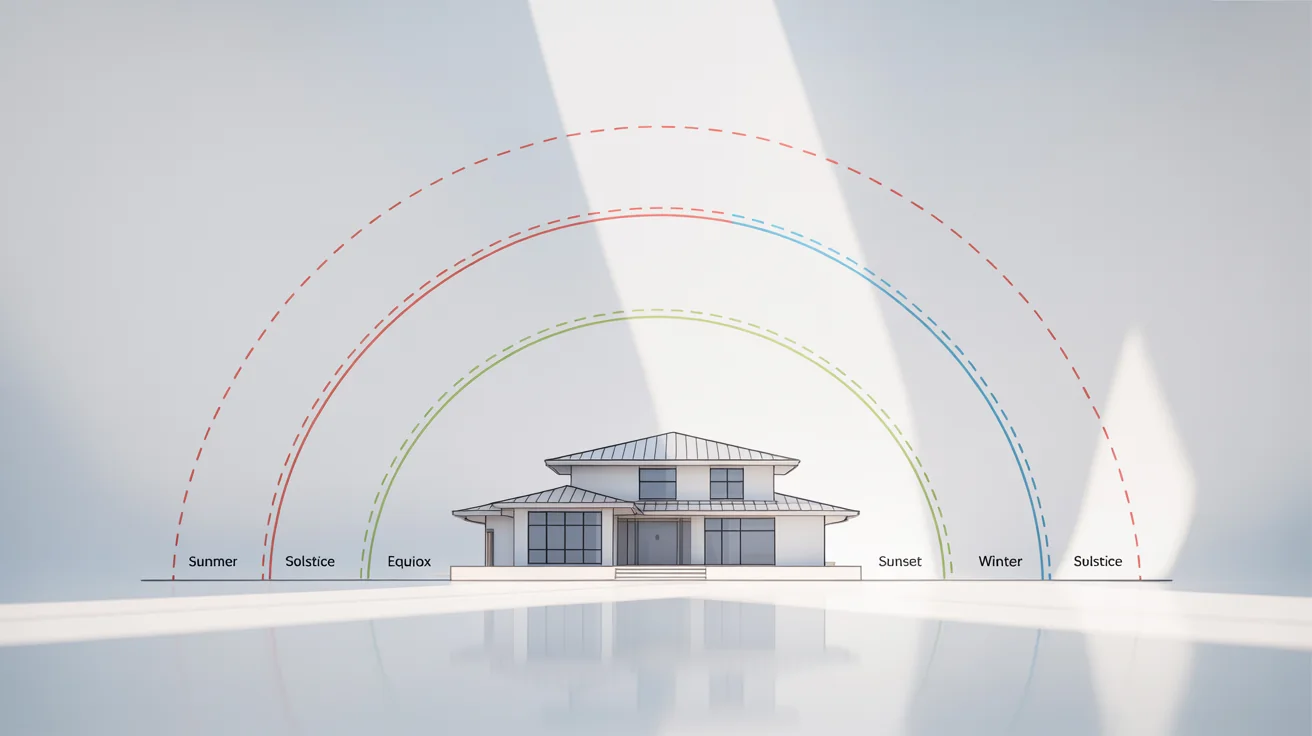 A clear, modern diagram showing the sun's path over a house during different seasons. Arcs indicate the high path for the summer solstice and the low path for the winter solstice.
