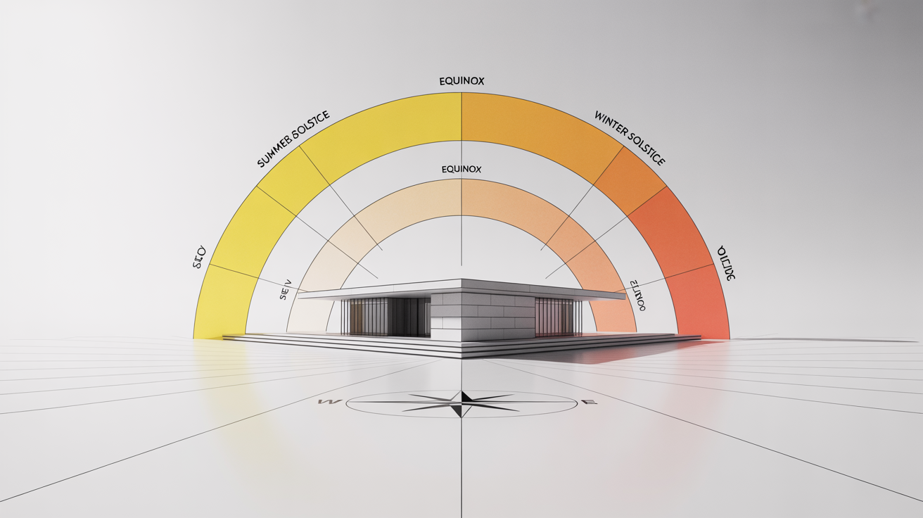 A 3D architectural diagram illustrating the sun's path and angles over a modern building during the summer solstice, equinox, and winter solstice.
