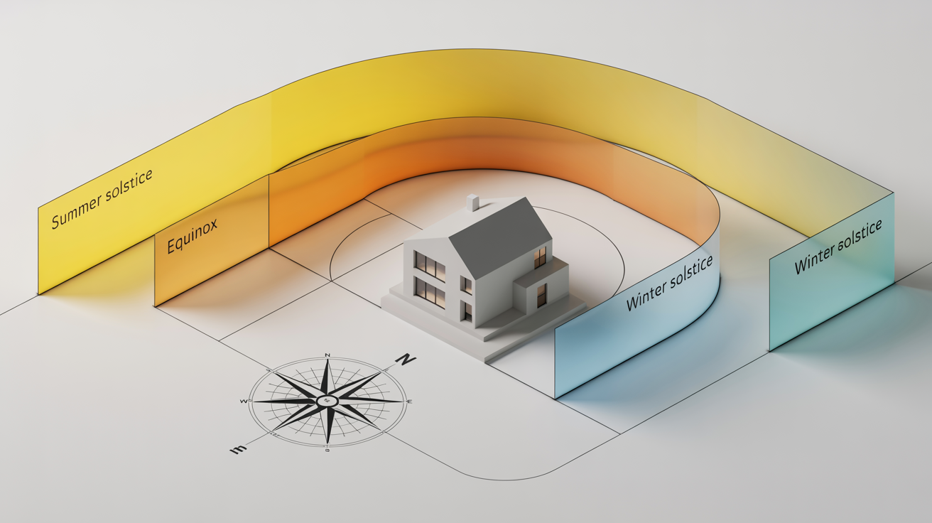 A 3D architectural diagram illustrating the sun's path over a modern house, with separate arcs for the Summer Solstice, Equinox, and Winter Solstice.