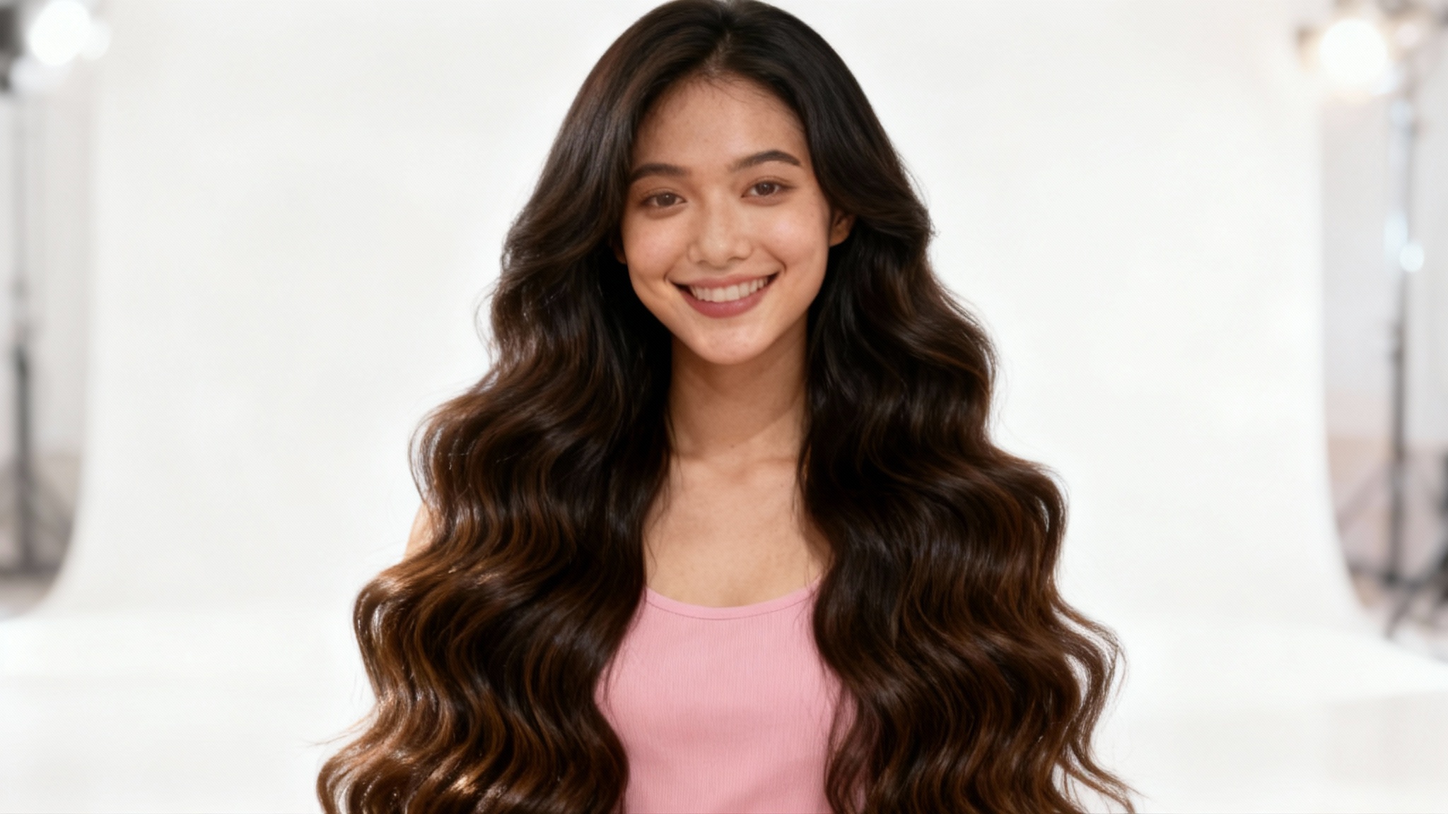 A close-up 'after' shot of a young woman smiling, showing off her new long, thick, and wavy dark hair, the result of seamlessly blended hair extensions.