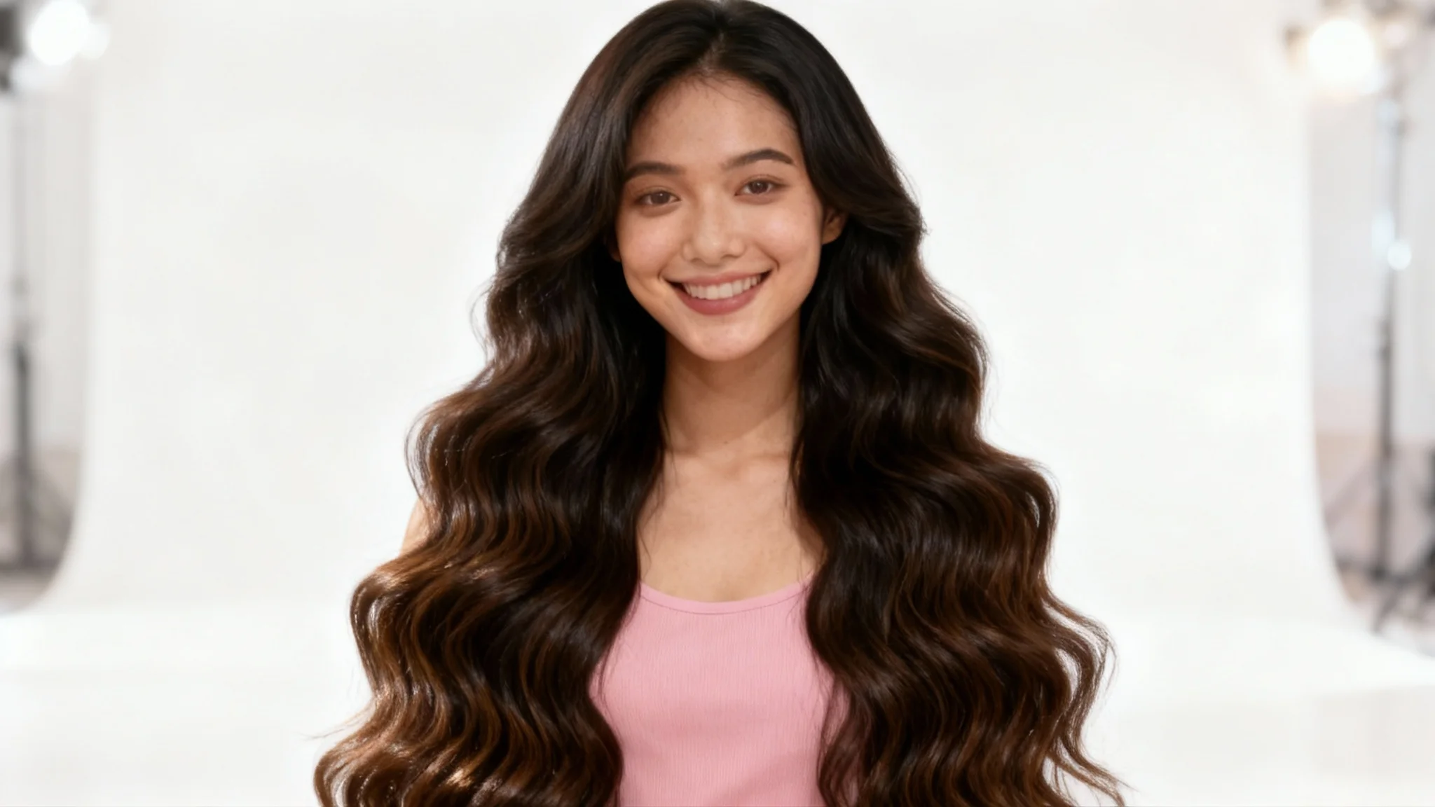 A close-up 'after' shot of a young woman smiling, showing off her new long, thick, and wavy dark hair, the result of seamlessly blended hair extensions.
