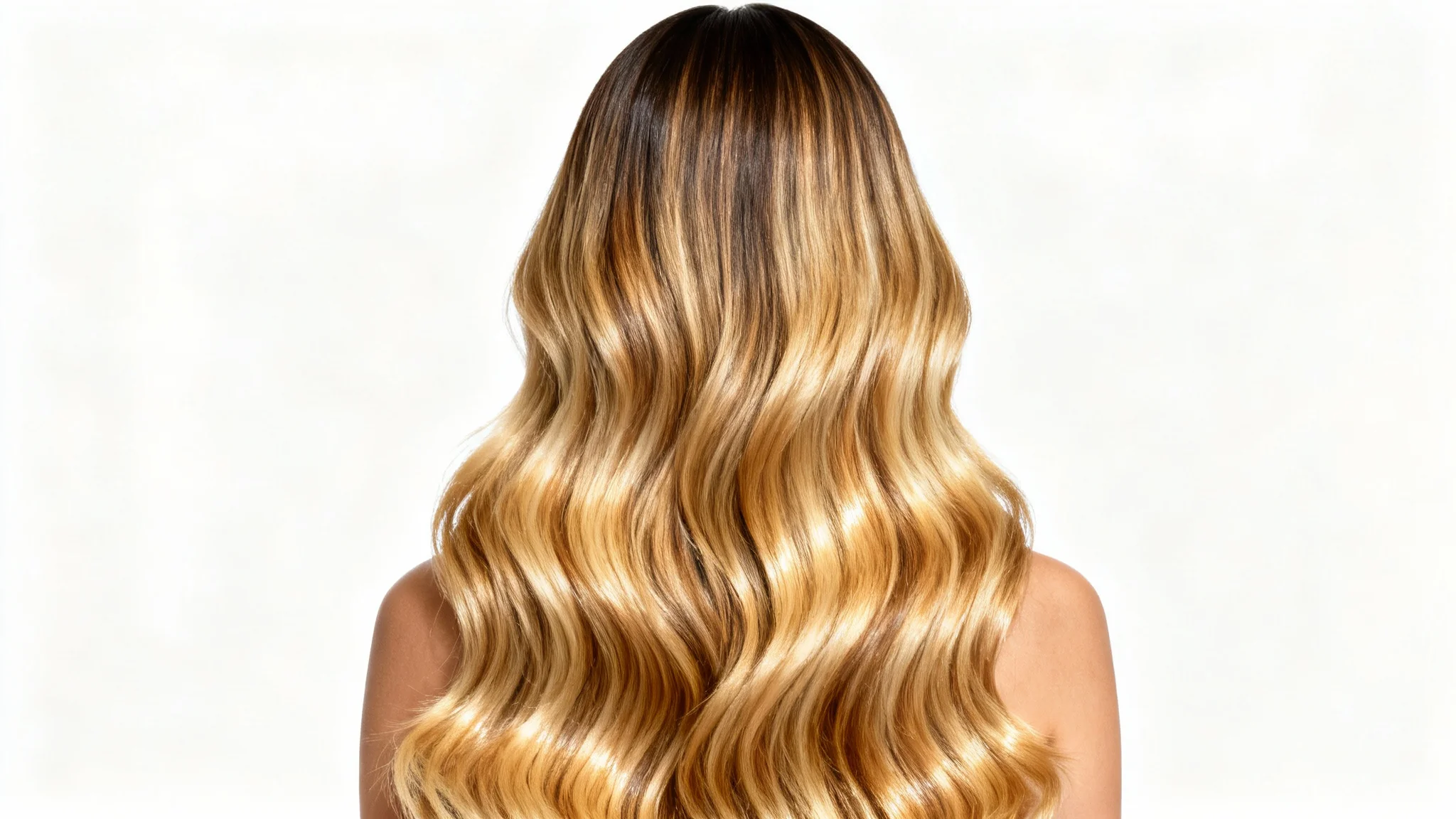 A photorealistic mockup from behind of a woman with very long, wavy, brunette-to-blonde balayage hair, showcasing seamlessly blended extensions against a white background.