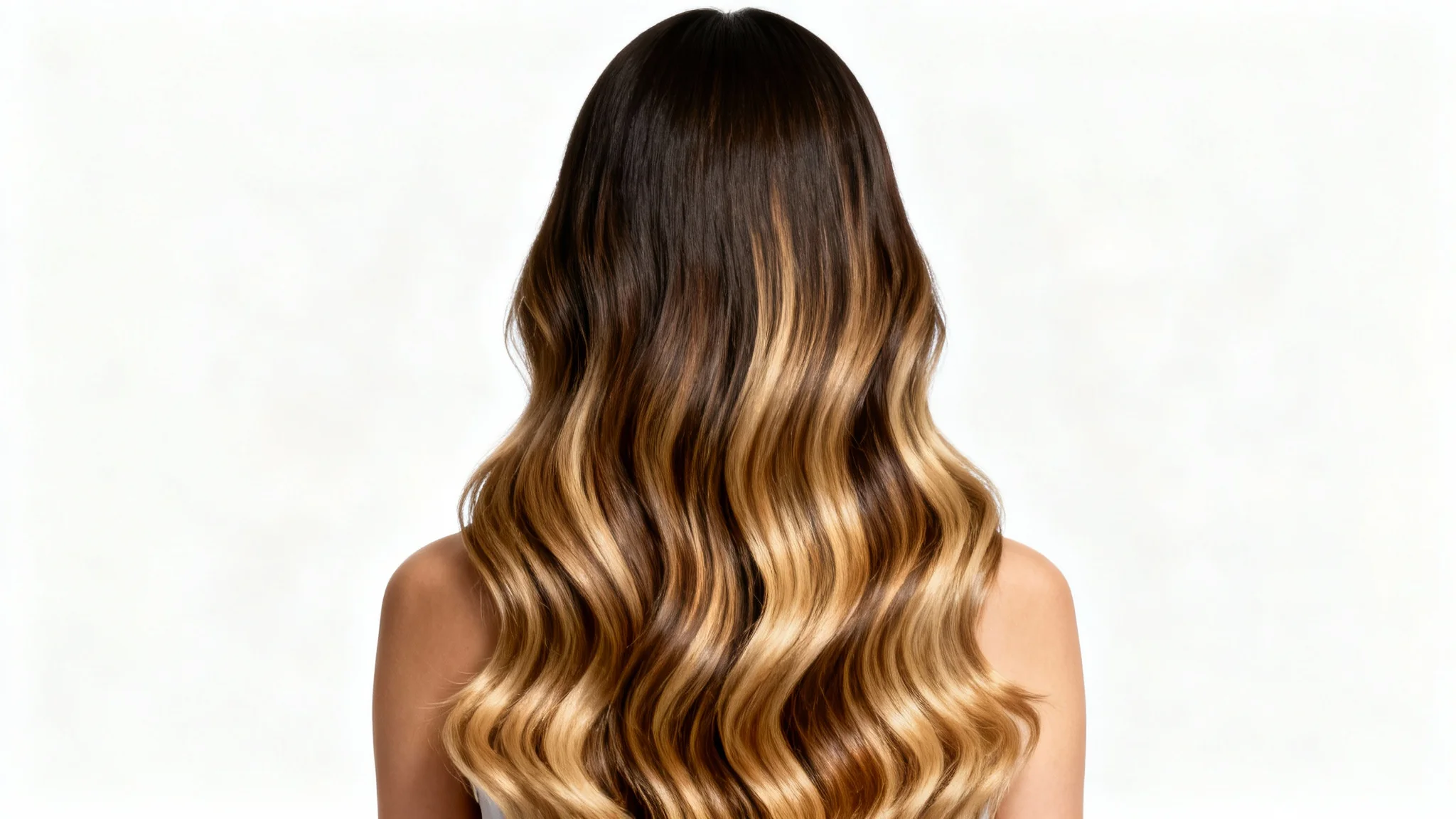 A woman viewed from the back displaying her very long, thick, and wavy brunette hair with blonde highlights, demonstrating the effect of hair extensions against a plain white background.