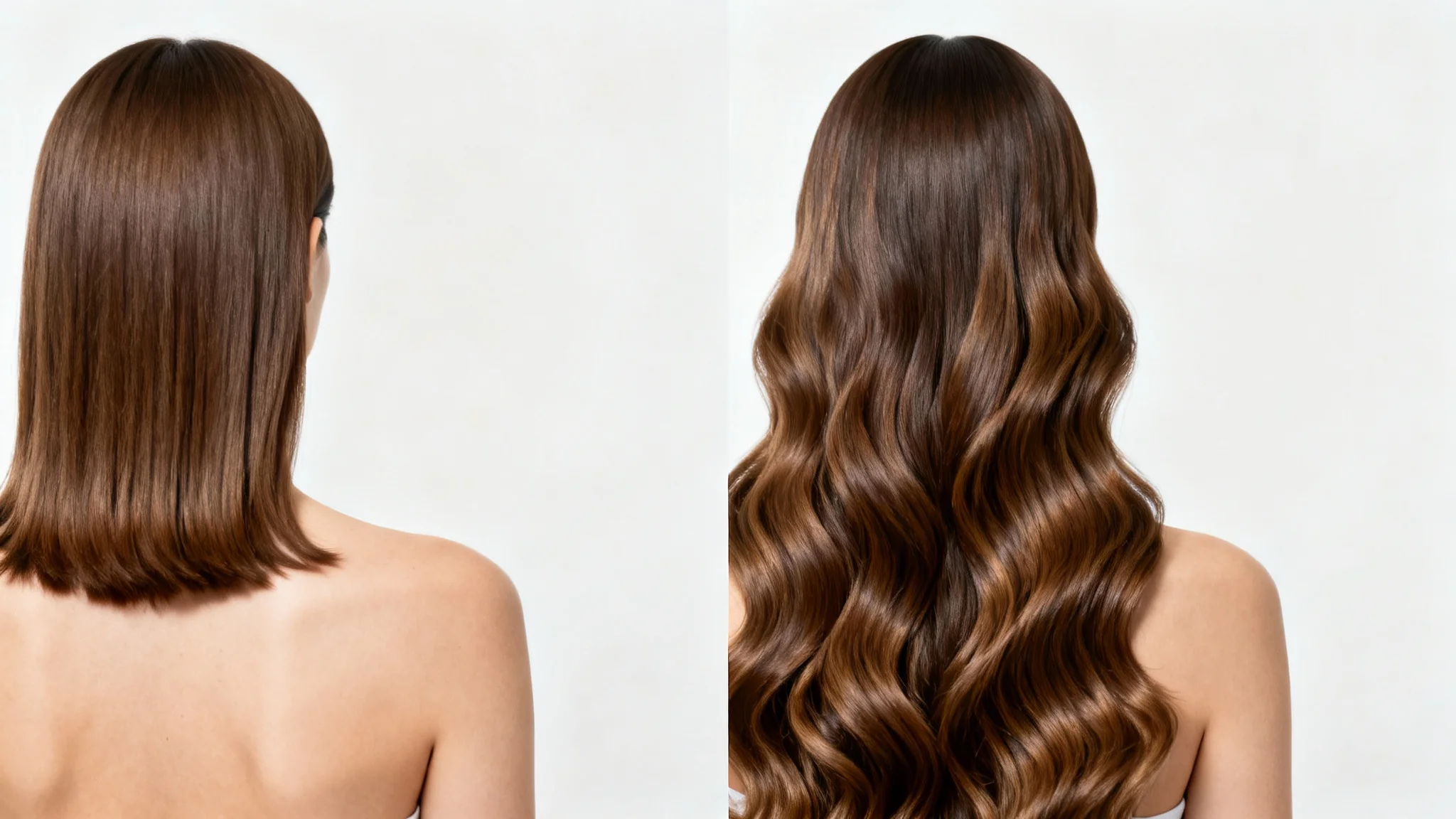 A before-and-after comparison shot of a woman's hair from the back. The left side shows shorter, thinner hair, and the right side shows long, thick, voluminous hair, demonstrating the effect of hair extensions.