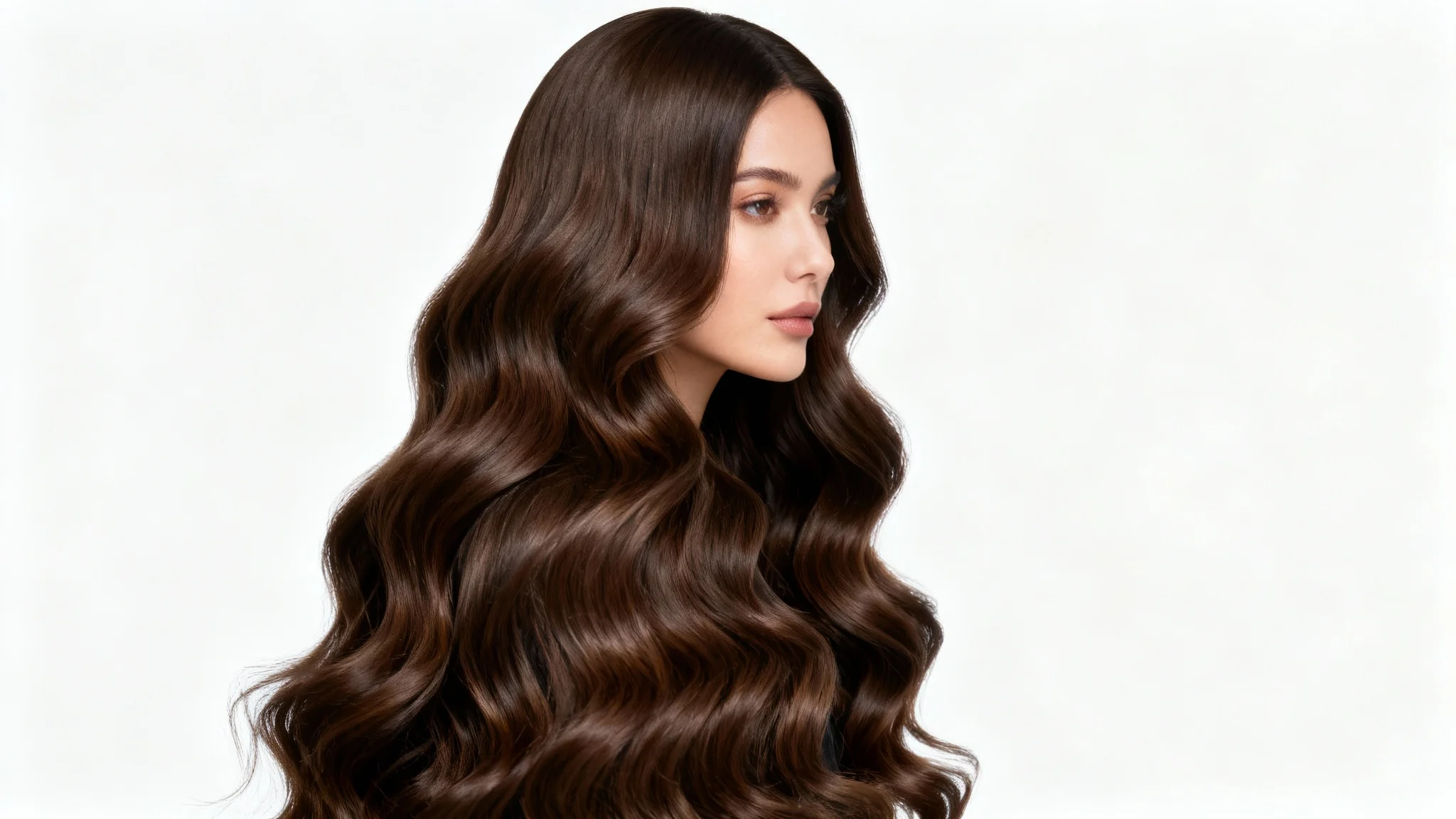 A profile shot of a woman with very long, wavy brunette hair featuring seamless extensions, set against a plain white background.