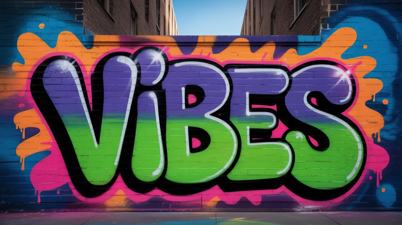 A vibrant, professionally created graffiti artwork on a brick wall. The word 'VIBES' is written in playful purple and green bubble letters with orange and pink accents, set against a blue sky.