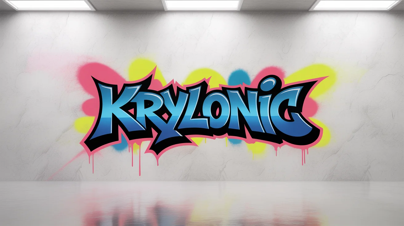 A professional mockup of a vibrant graffiti art piece saying 'KRYLONIC' in a multi-colored 3D style, centered on a clean, off-white textured wall.