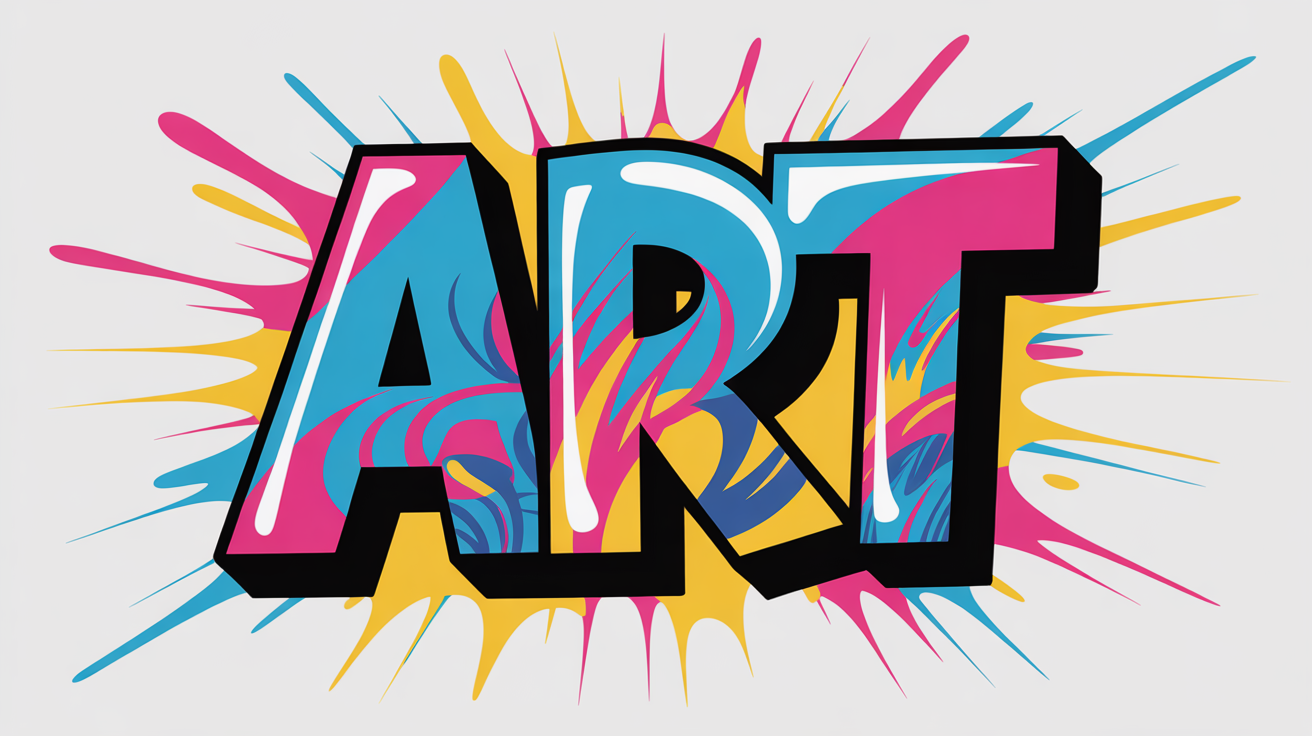A colorful and dynamic graffiti art piece spelling the word 'ART' in a bold 3D style, set against a clean white background.