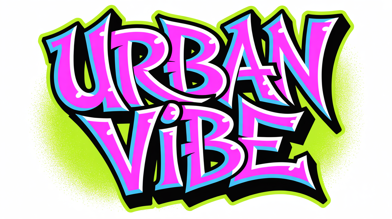 A vibrant wildstyle graffiti piece spelling 'URBAN VIBE' in neon colors, showcased as a clean mockup on a solid white background.
