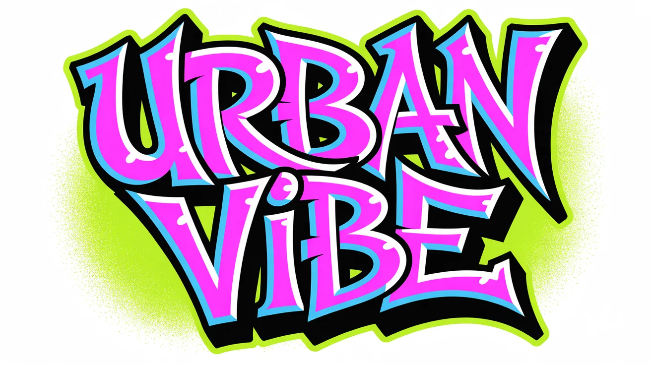 A vibrant wildstyle graffiti piece spelling 'URBAN VIBE' in neon colors, showcased as a clean mockup on a solid white background.