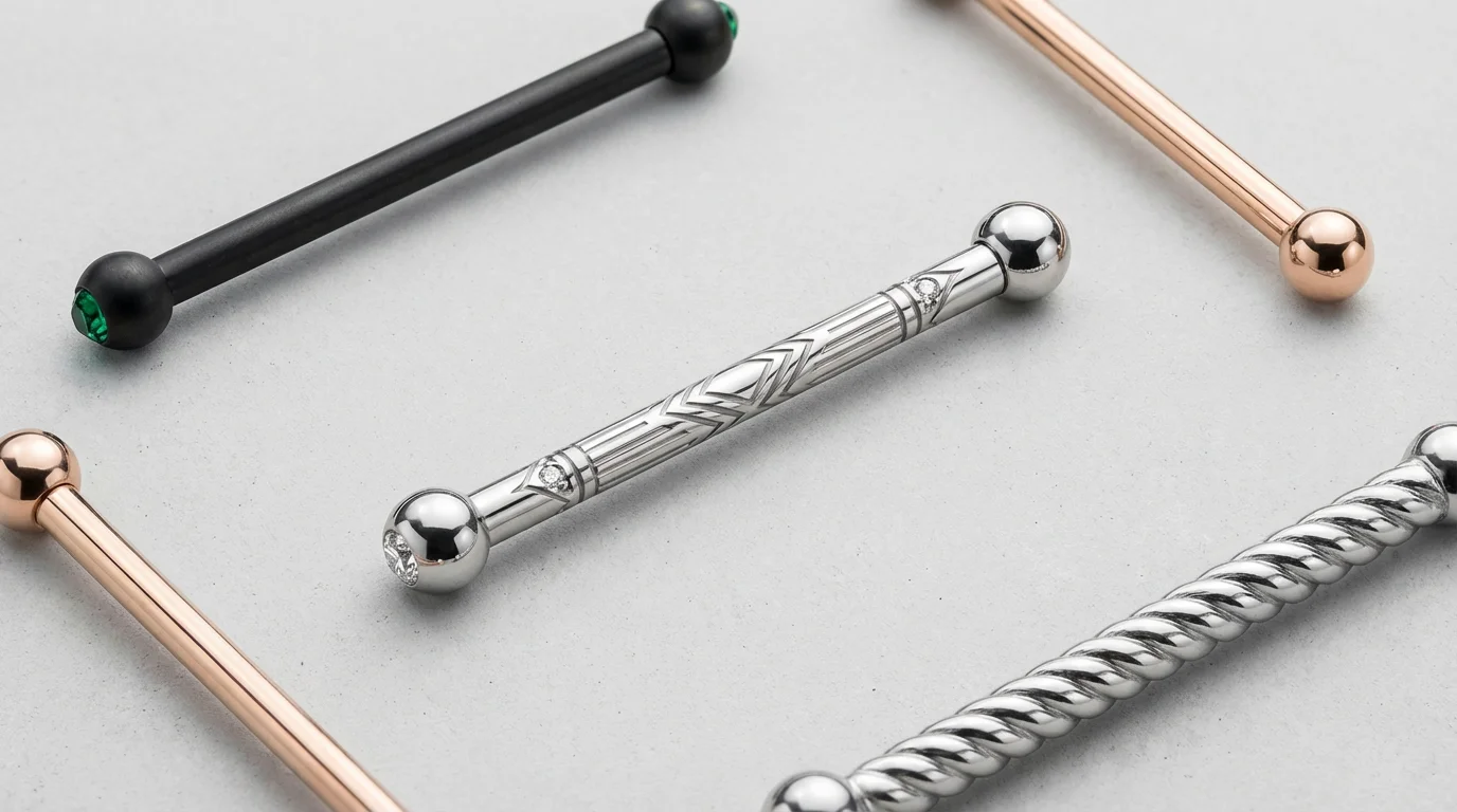 A professional product shot of a collection of industrial bar earrings laid out on a gray surface, showcasing different metals, designs, and gemstones as the final result of a design process.