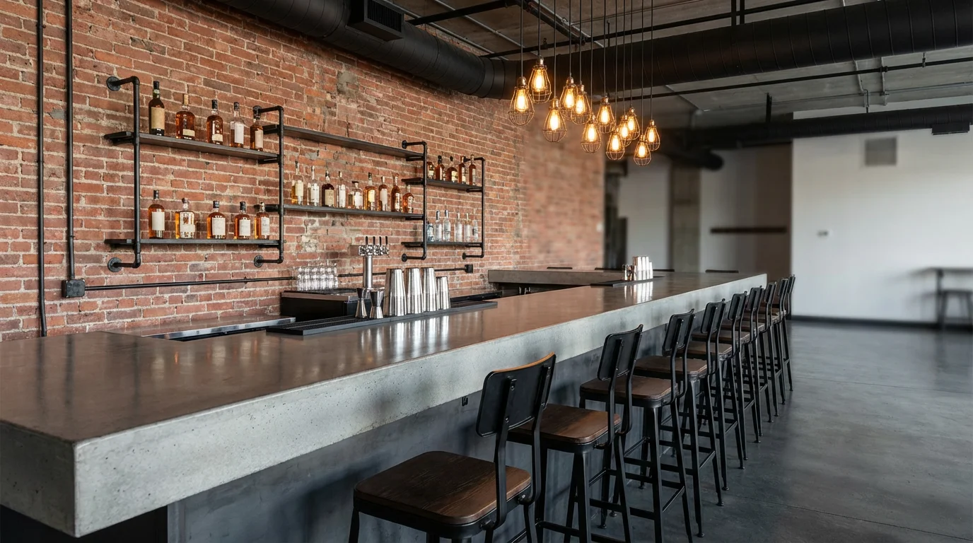A photorealistic mockup of a modern industrial bar design, featuring a polished concrete bar, exposed brick wall, and warm Edison bulb lighting.