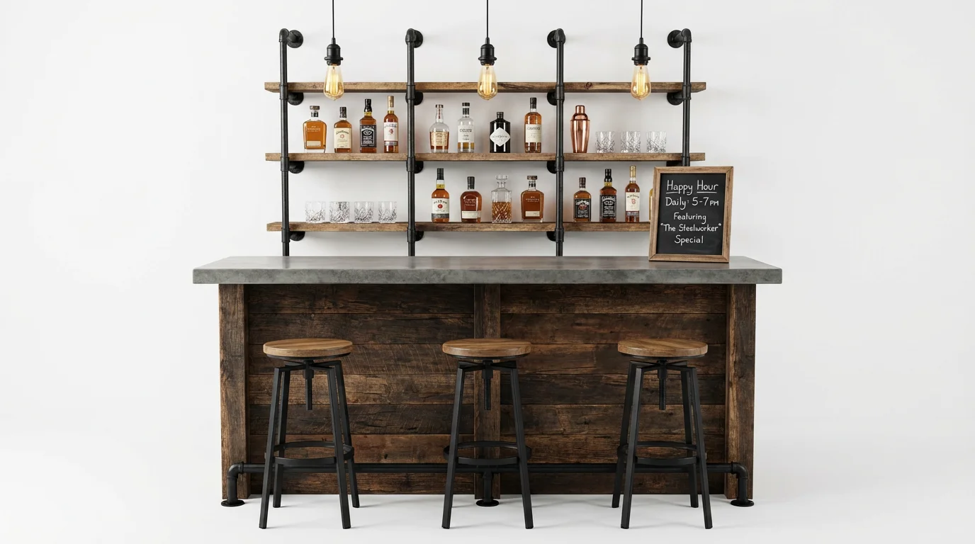 A photorealistic mockup of an industrial-style bar on a clean white background, featuring a wood and concrete counter, metal bar stools, and pipe shelving.